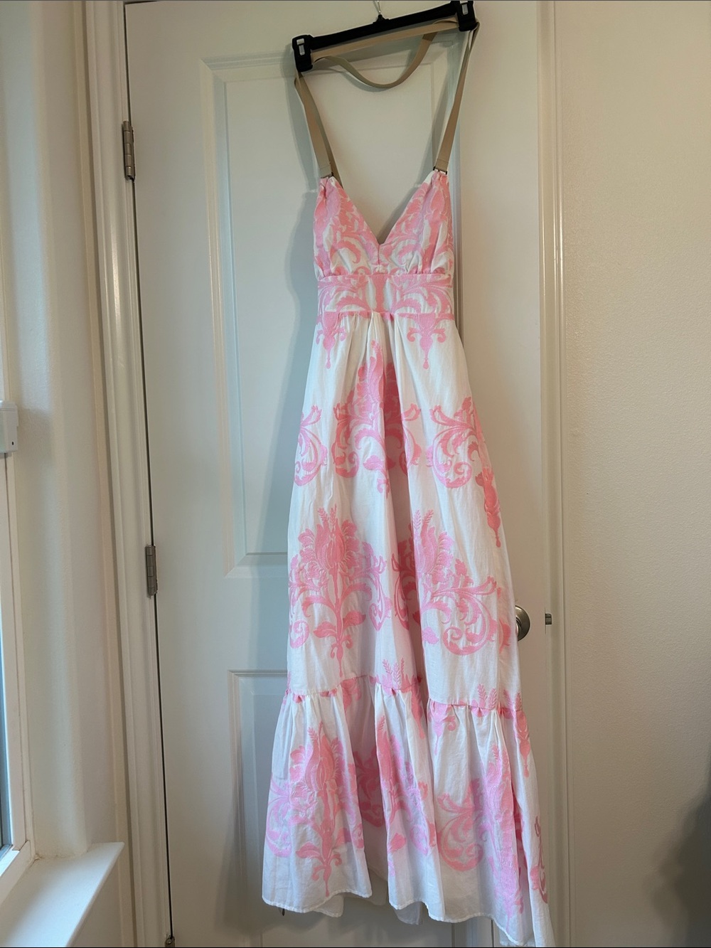 Pink and White Embroidered Maxi Dress - Wedding Guest, Cocktail Party